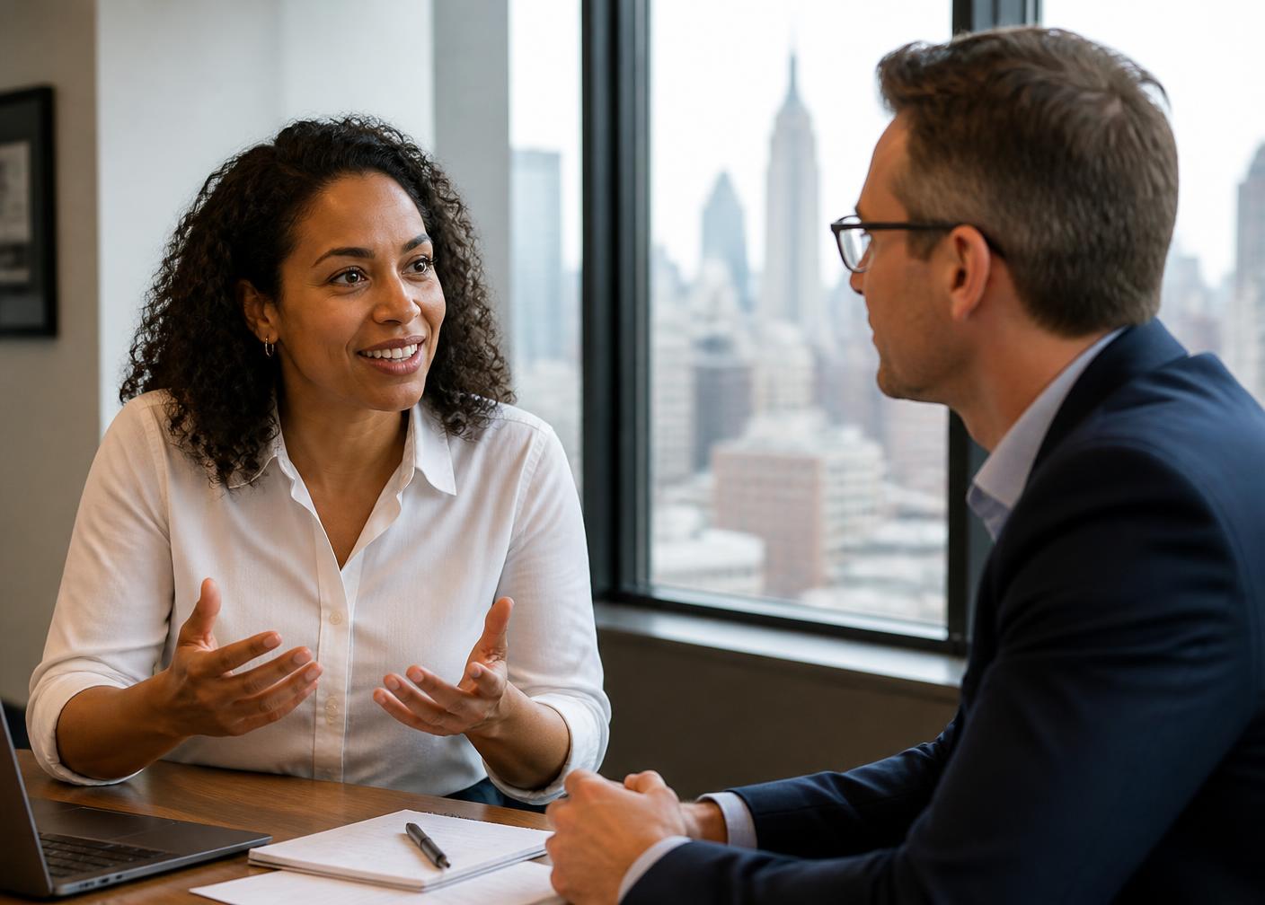 A Catalyst Group NY representative explaining an offer to a customer in New York City, NY
